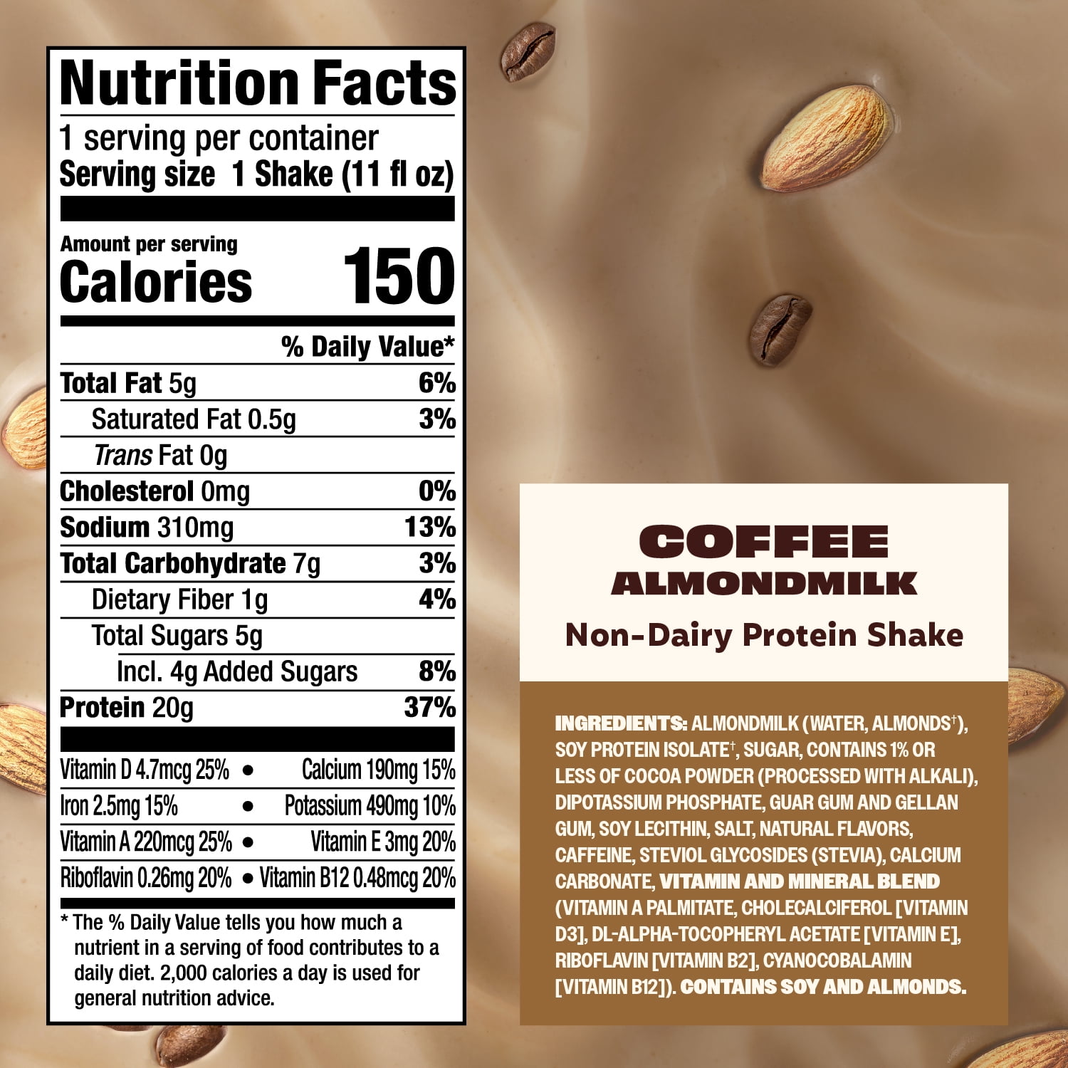 Premier Protein Almondmilk Non-Dairy Protein Shake, 20g Protein, 5g Sugar, 11 Fl oz, Coffee, 4 Count