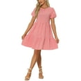 thumbnail image 1 of Vestido corto de manga corta con estampado de cuadros para mujeres, cuello redondo, cintura alta, vestido casual en capas XL rojo, 1 of 6