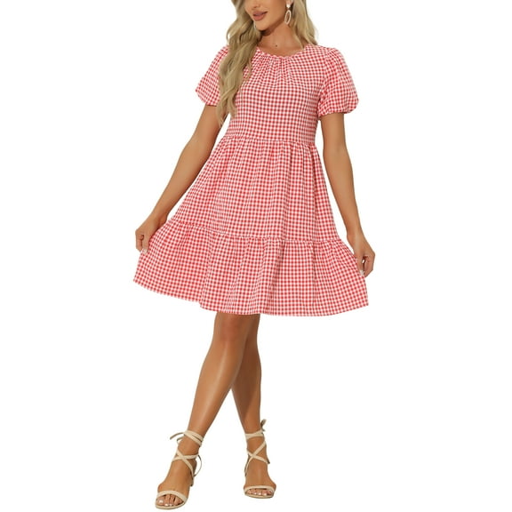 INSPIRE CHIC Plaid Puff Short Sleeve Dress for Women Crewneck High Waist Casual Tiered Dresses XS Red