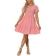 thumbnail image 1 of Vestido corto de manga corta con estampado de cuadros para mujeres, cuello redondo, cintura alta, vestido casual en capas, M rojo, 1 of 6