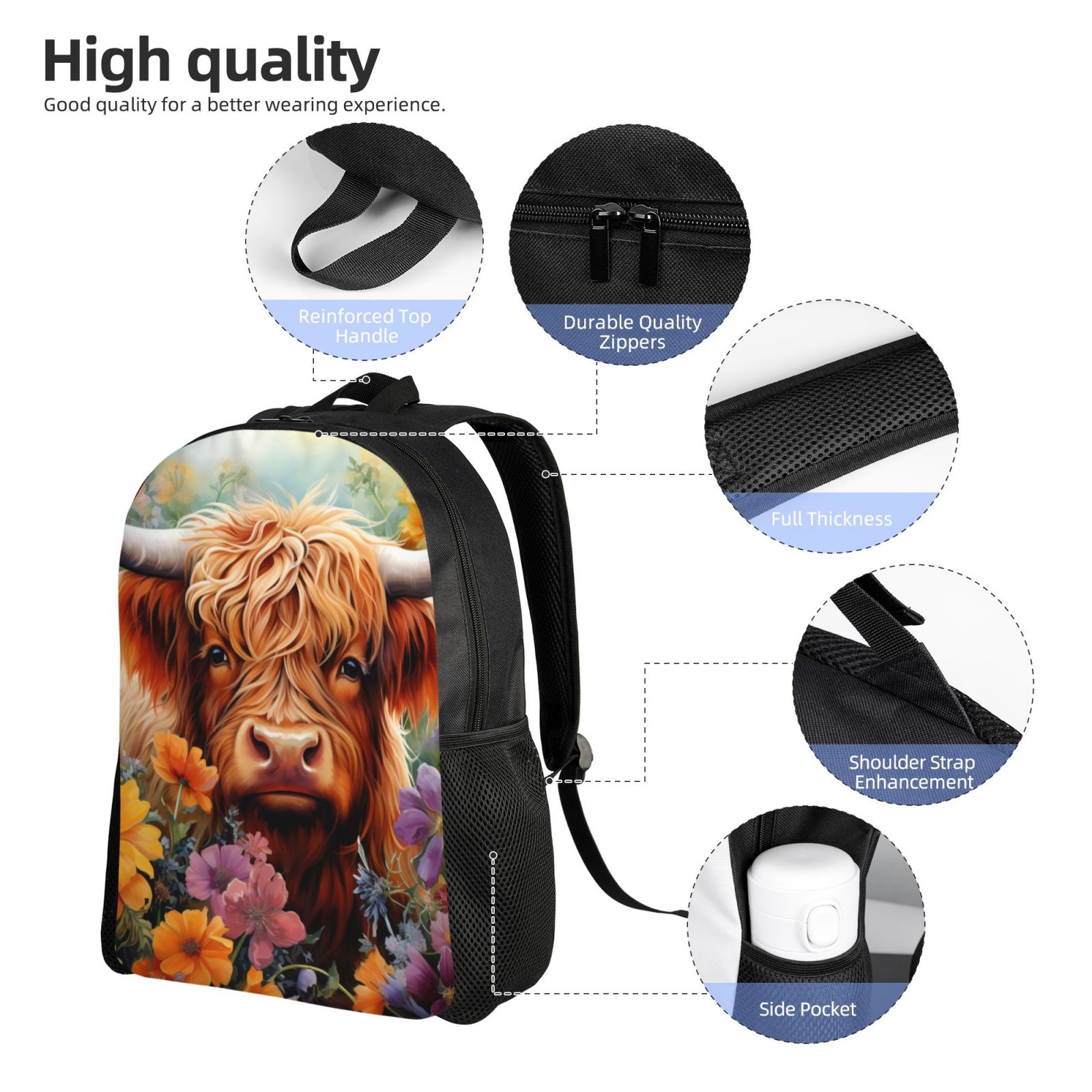 Horeoi Countryside Colorful Floral Cow Print Waterproof 600D Oxford Laptop Backpack for School Travel Work - Lightweight Durable Bag with Adjustable Straps