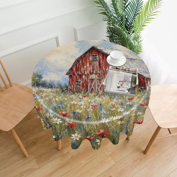 RKSupls 60 Inch Round Tablecloth, Red Barn Wildflowers Premium Polyester Straight Edge Wrinkle Resistant Washable Table Cover for Party Home Dining Decor