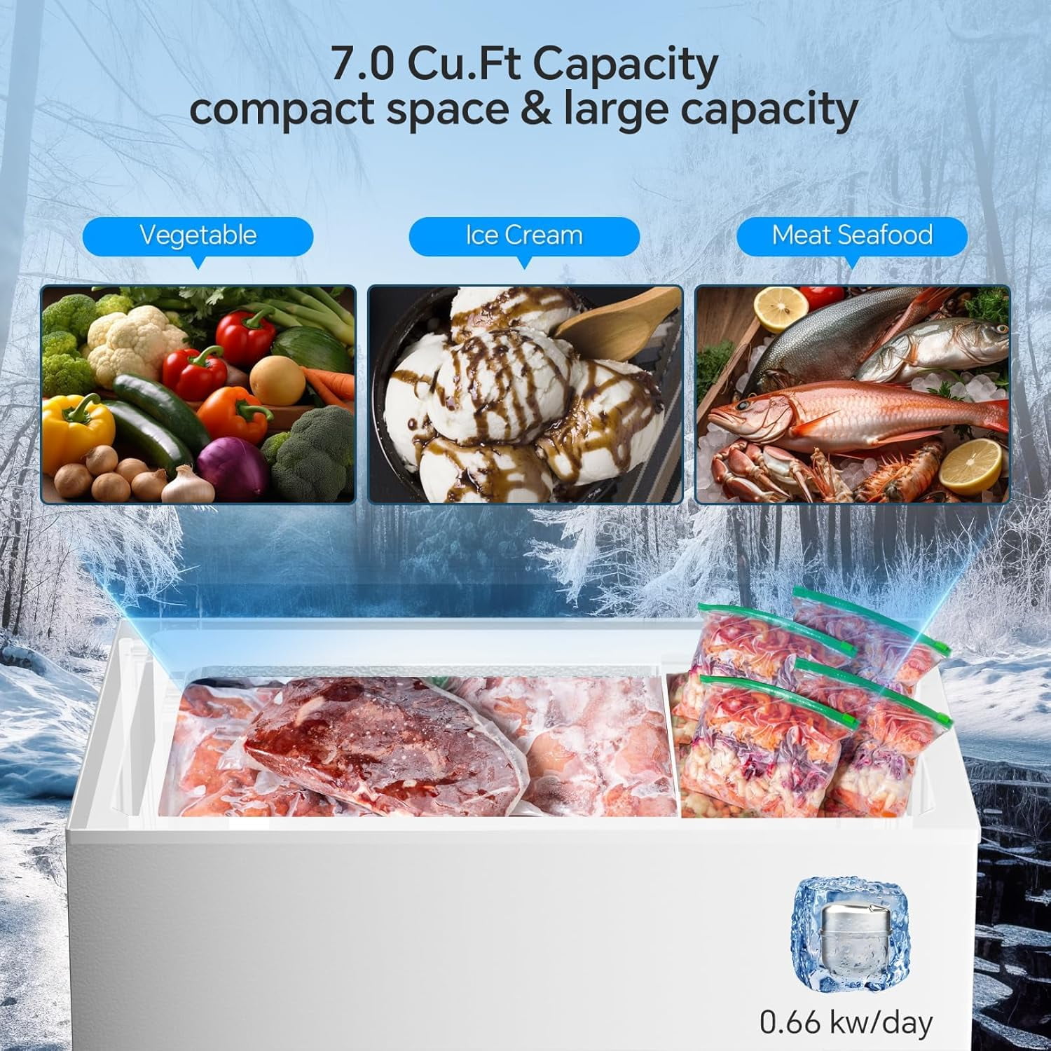 7.0 Cu Ft Chest Freezer with 3 Removable Basket & Defrost Drain,Energy Efficient & Quiet Mini Freezer with 7 Adjustable Thermostat,Compact Deep Freezer for Home,Apartment and Garage - White