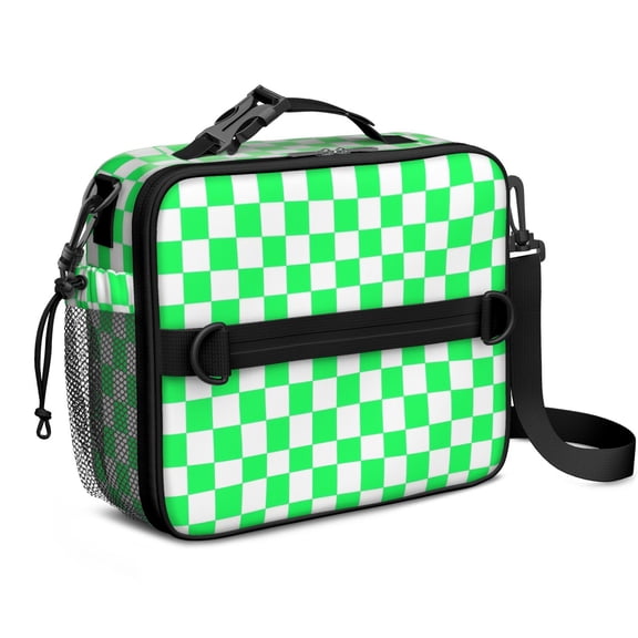 Green and White Checkered Pattern Insulated Lunch Bag with Shoulder Strap and Bottle Holder,Bento School Lunch Bag Box,11x9.5x3.5 Inches