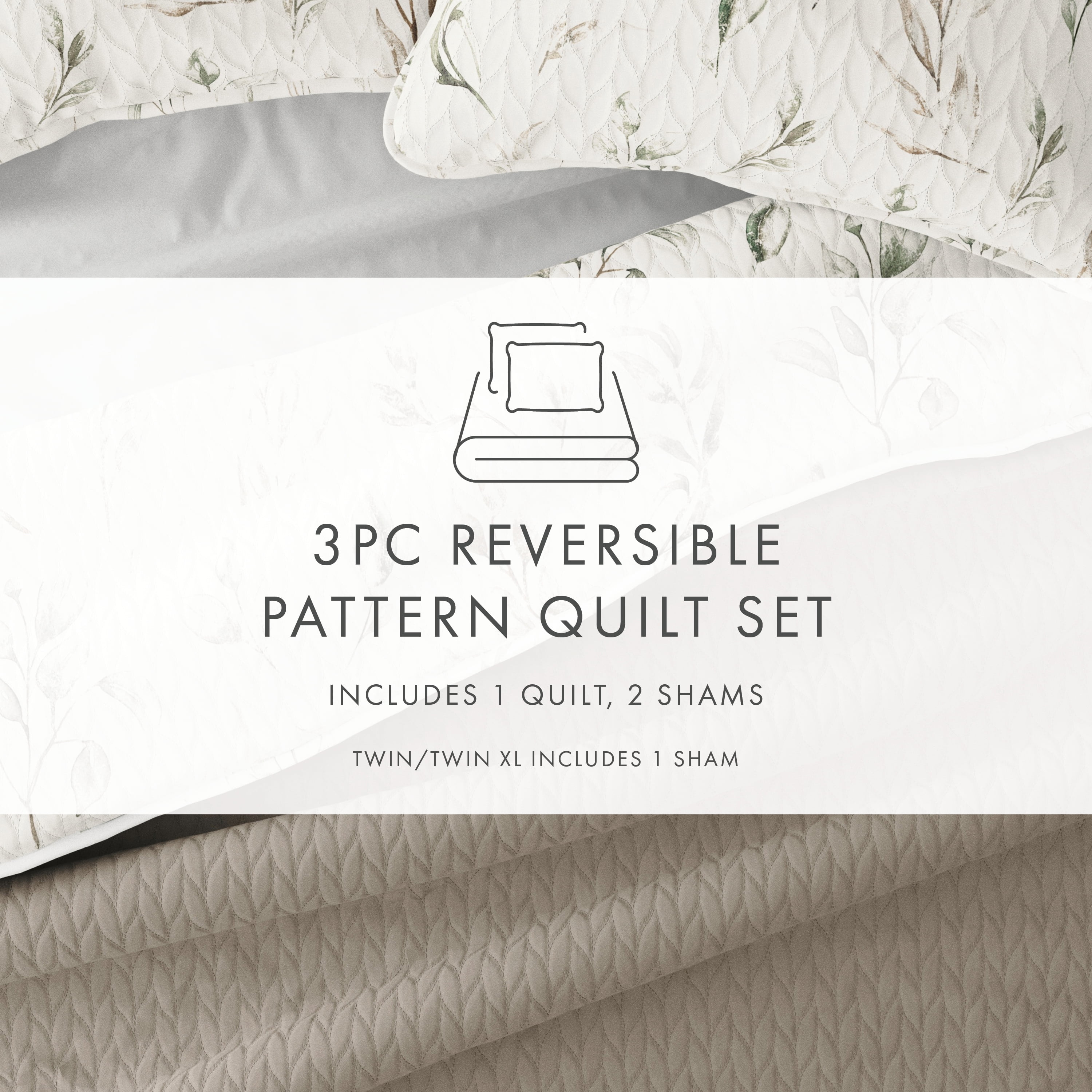 Noble Linens Latte 3 Piece Watercolor Leaves/Stripe Reversible Microfiber Quilt Set, King / CalKing