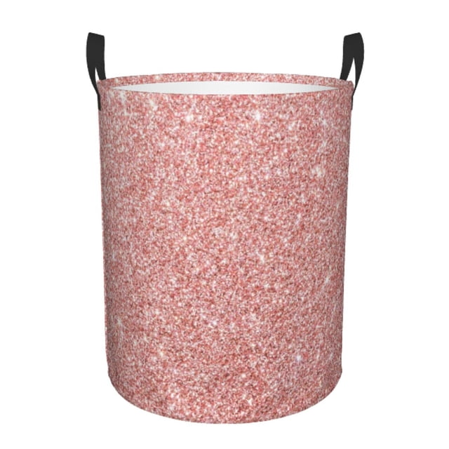 Balery Rose Gold Pink Glitter Cesta de ropa redonda con asas, impermeable, independiente, para ropa, juguetes, dormitorio y familia-Small