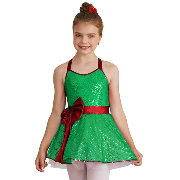 YUUMIN Kids Girls Christmas Xmas Dress Shiny Sequins Ballet Leotard Tutu Dress Green 6