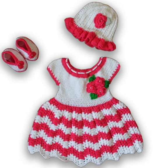 Woonie Handmade Woolen Frock Set With Cap & Booties-White & Pink