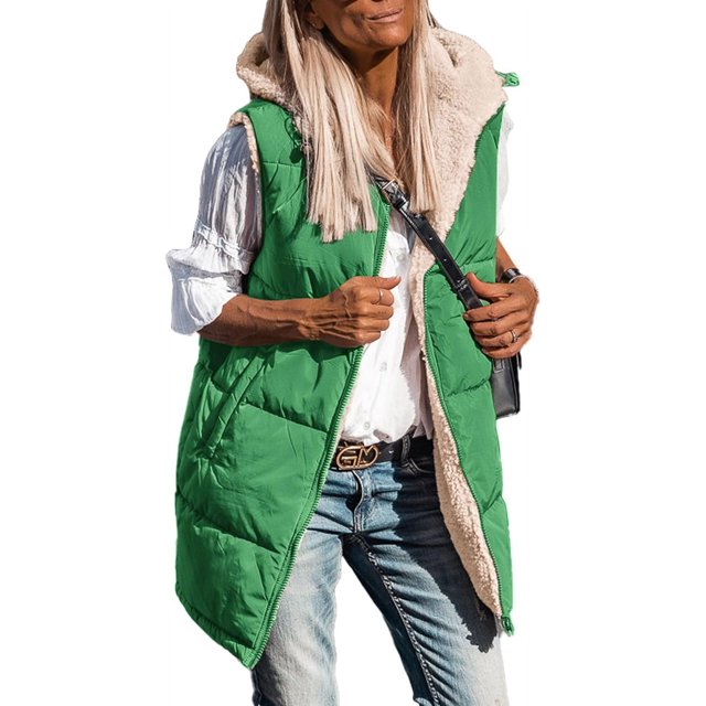 Womens 2023 Fall Reversible Vests Sleeveless Fleece Jacket Zip Up Hoodie Pockets Long Warm Winter Coat Outerwear