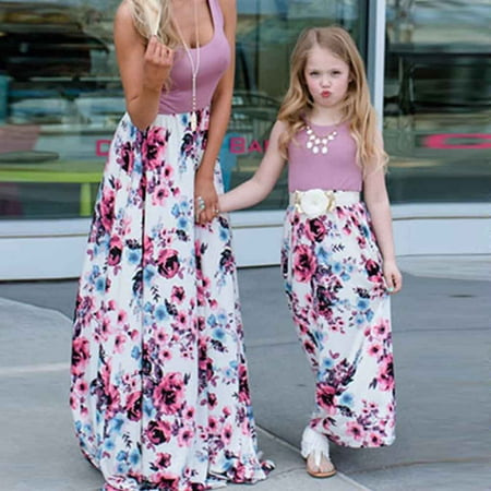 Family Matching Clothes Women Girls Mother and Daughter Floral Dresses Outfits Mon Pink Flower