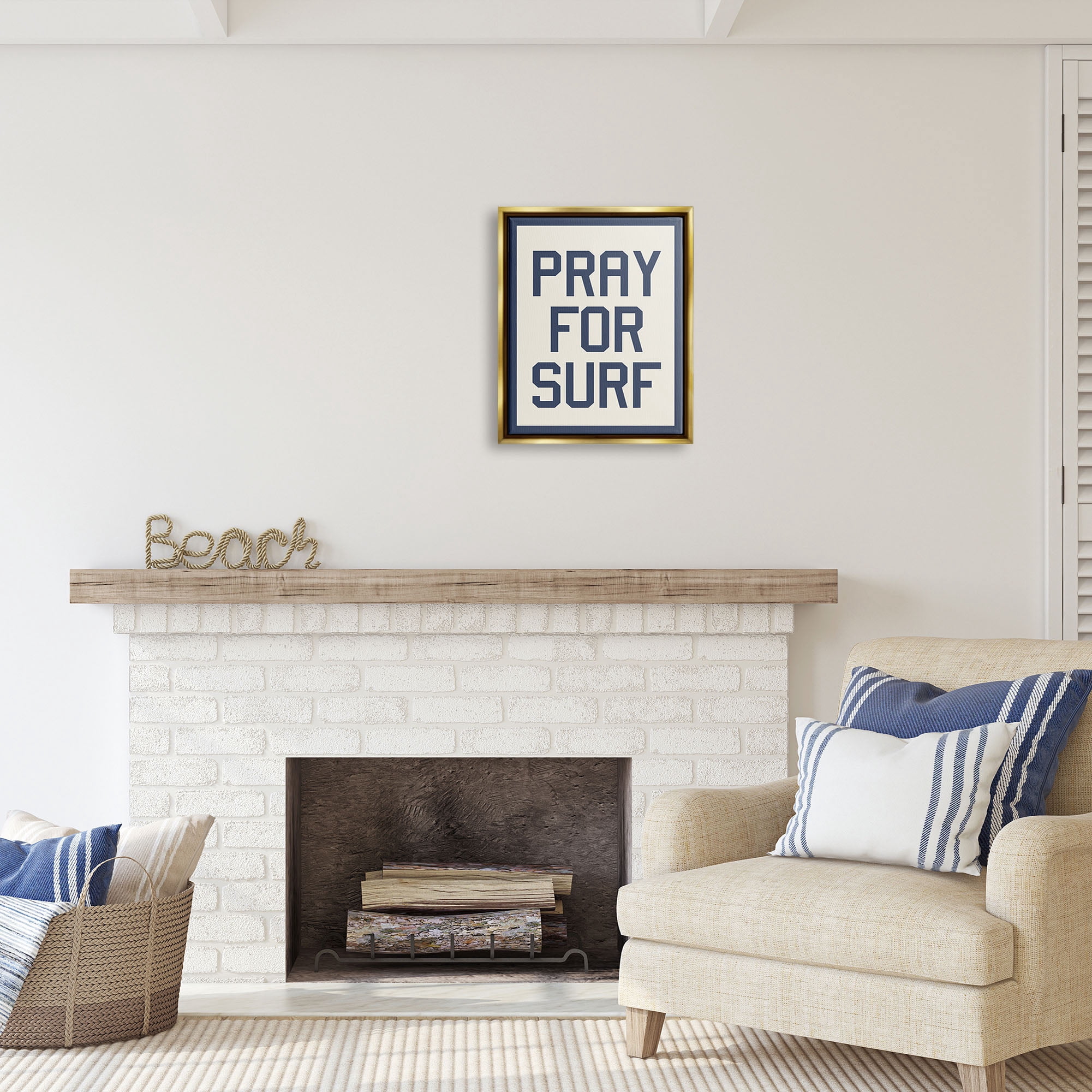 Stupell Industries Pray for Surf Phrase Nature Painting Gold Floater Framed Art Print Wall Art, 17 x 21