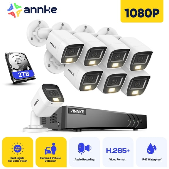 ANNKE 8CH Wired Outdoor Security Camera System with AI Human/Vehicle Detection, 5MP Lite H.265 CCTV DVR Recorder and 8 x 1080P Surveillance Cameras, Email Alert with Snapshots, 2TB HDD, White