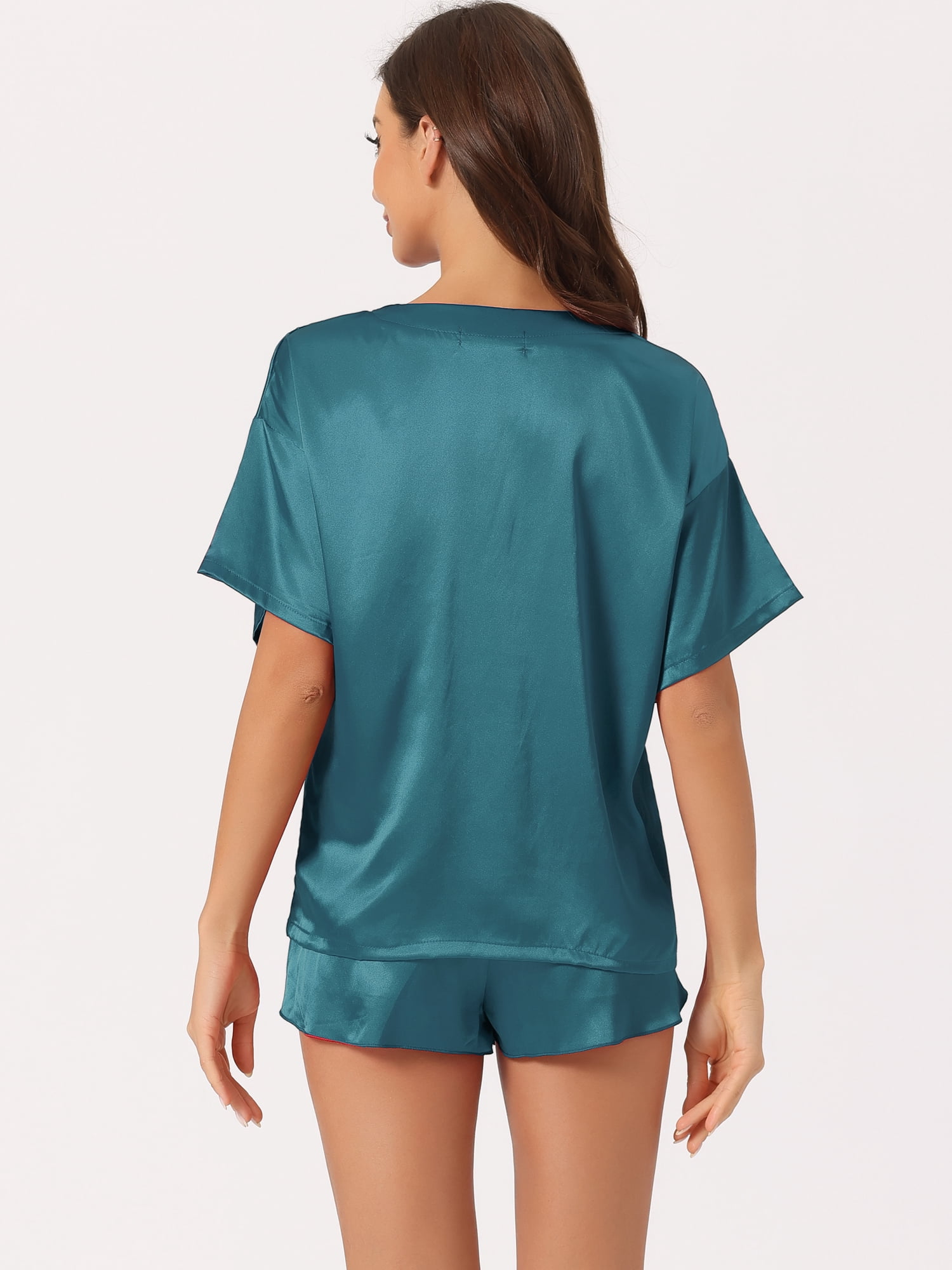 DARING DIVA Women's Satin Pajama Pullover T-shirt with Shorts Lounge Sets XS Lake Blue