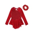 thumbnail image 3 of TiaoBug Kids Girls Sequins Ballet Dance Dress And Headwear Set Long Sleeve Figure Skating Dress Performance Costume Red 6, 3 of 8