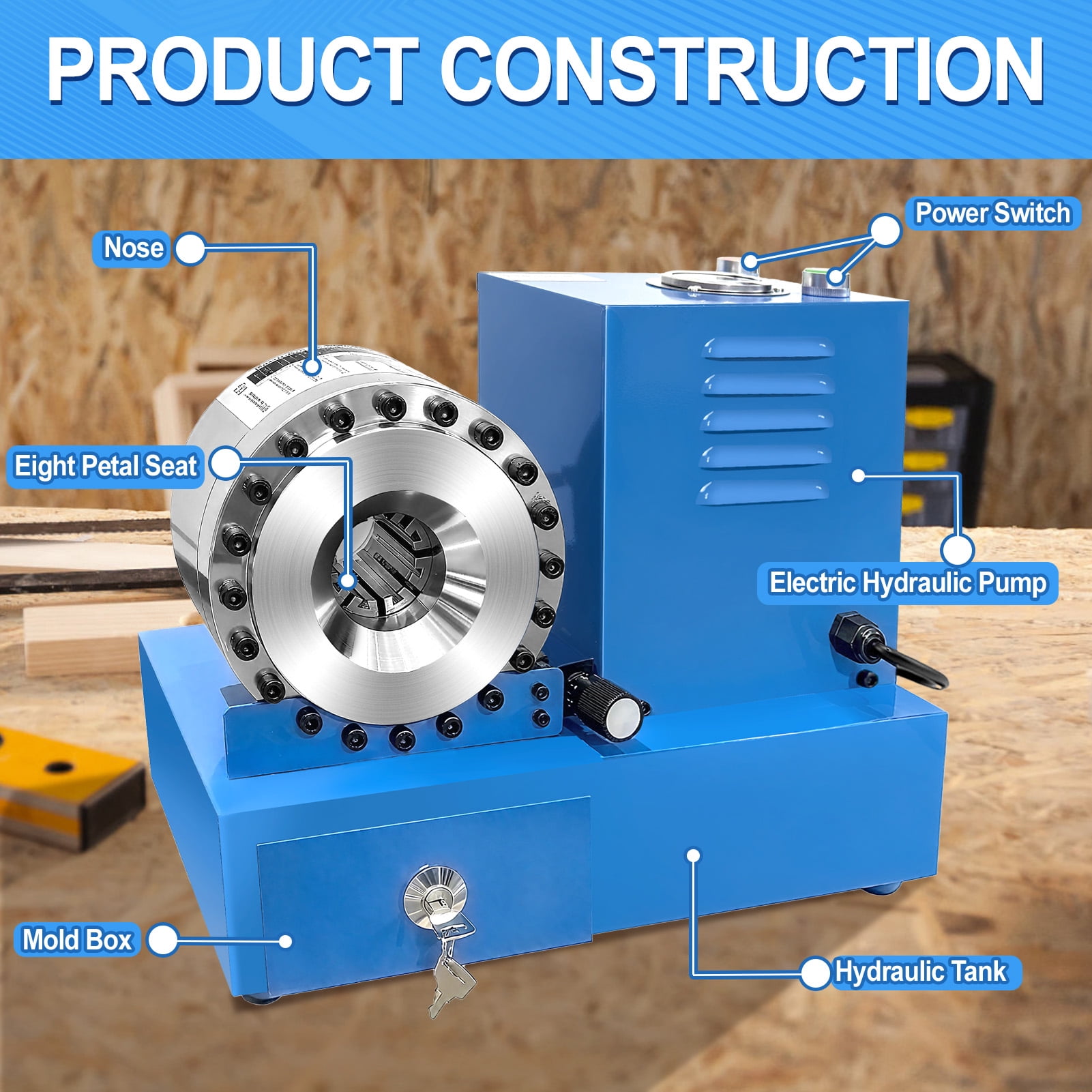 Electric Hydraulic Hose Crimper with 8 Dies, Portable Crimping Machine for1/4" to 1" Hose, High Pressure Electric Crimping Tool for AC Lines, Automotive, Excavators, Agricultural Equipment Blue