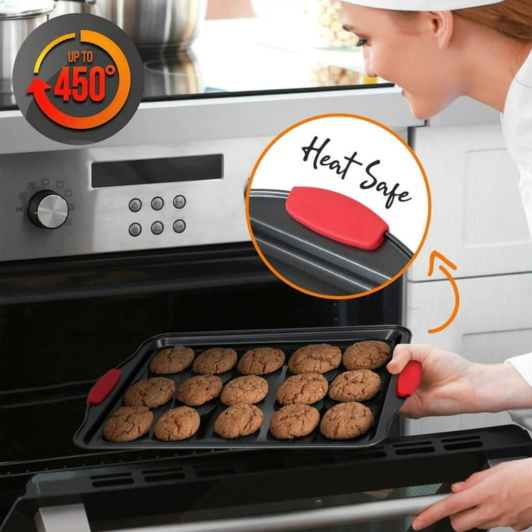 Nutrichef Kitchen Oven Non Stick Gray Coating Carbon Steel 3 Piece Cookie  Sheets Bakeware Set With Heat Resistant Red Silicone Handles : Target