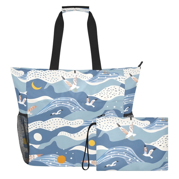 Cute Summer Beach Wave Gulls Beach Bag Travel Tote Bag Reusable Shopping Bag Gym Bag with Wet Pocket Waterproof