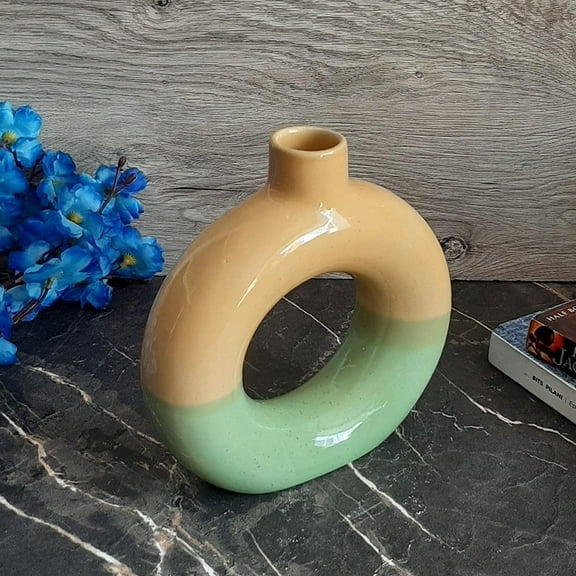 India Meets India Ceramic Vase [Yellow & Green], Modern Minimalistic Donut Circle Vase, Decorative Hollow & Pampas Dried Flowers Vase for Home Decoration/Living Room/Bedroom/Office/Table/Bookshelf, 9"