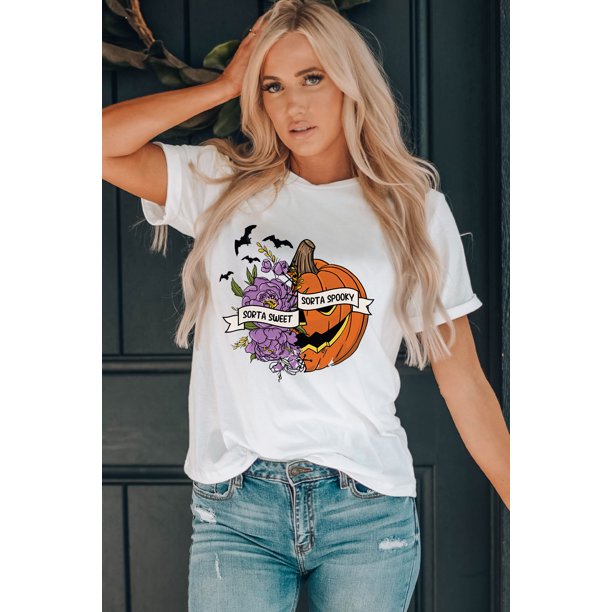 ABPHQTO Camiseta blanca con gráfico Sorta Sweet Sorta Spooky Halloween Vibe para mujer