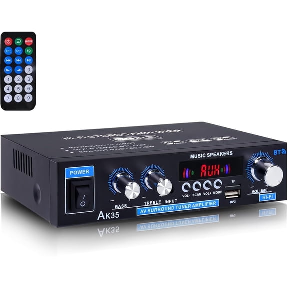 AK35 200W Stereo Audio Amplifier Bluetooth 5.0, 2.0 Channel Mini Amplifier Stereo Receivers with Bass & Treble Control, Home Amplifier w/AUX, USB, SD Card Input, Remote Control