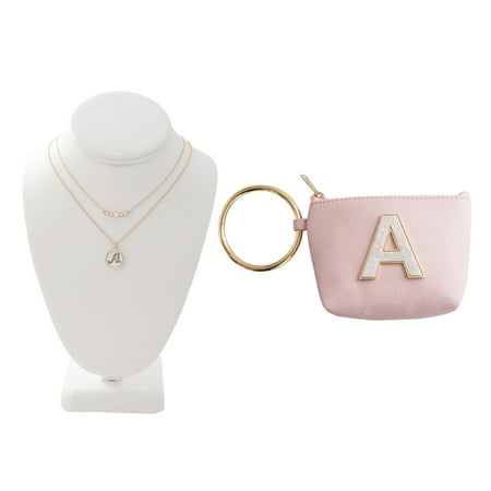 Time and Tru Gold Tone Genuine Mother of Pearl A Initial Necklace with Faux Leather A Initial Bangle Pouch