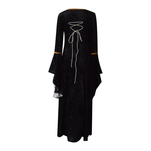 Vestido de fiesta de la Edad Media con mangas acampanadas y cuello redondo de terciopelo dorado para mujer Fridja nbo2769