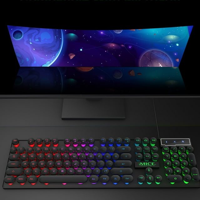 TIMIFIS Clavier de Jeu Filaire LED Tricolore Rétroéclairage 104 Touches Capuchon Rond Clavier Contrôle Multimédia pour Ordinateur de Bureau