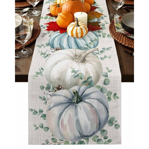 Fall Table Runner Thanksgiving Teal Blue White Pumpkin Table Runners Green Leaves Pine Cones Linen Cotton Linen Dresser Scarf Kitchen Dining Table Decor for Fall Holiday Party Decor 13x72 Inch