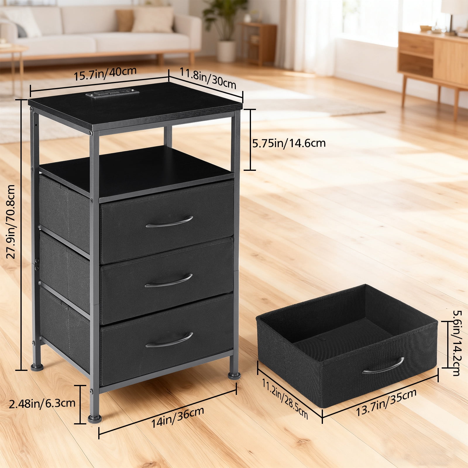 Smart Nightstand with LED Lights & Charging Station | Remote App Control Bedside Table | 2 AC Outlets, USB-C Port, 3 Drawer Storage | Modern End Table for Bedroom, Black