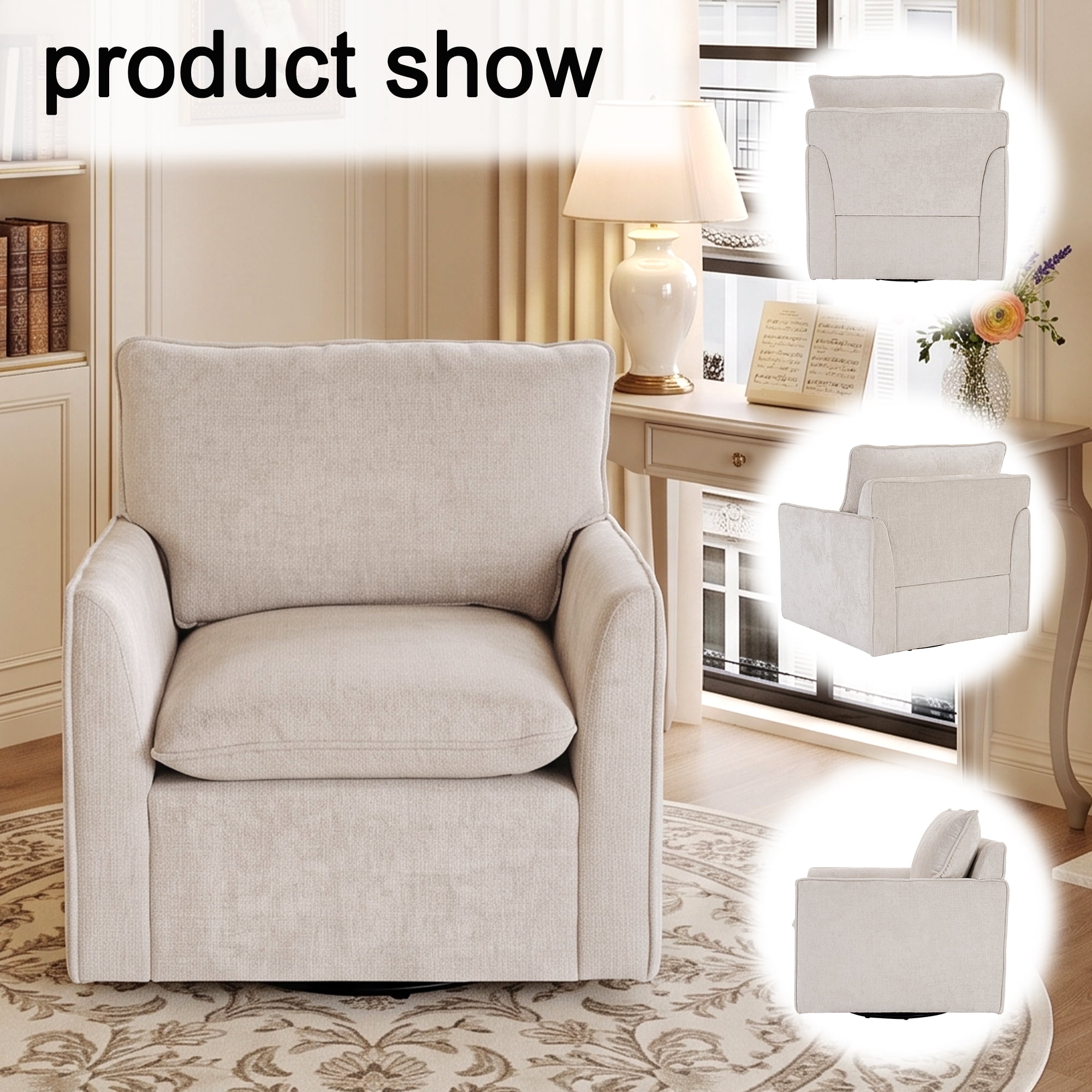 HOQBN 360°Swivel Accent Chair, Comfy Single Square Sofa Armchairs,Upholstered Club Chairs for Living Room,Bedroom, Reading Room, Beige