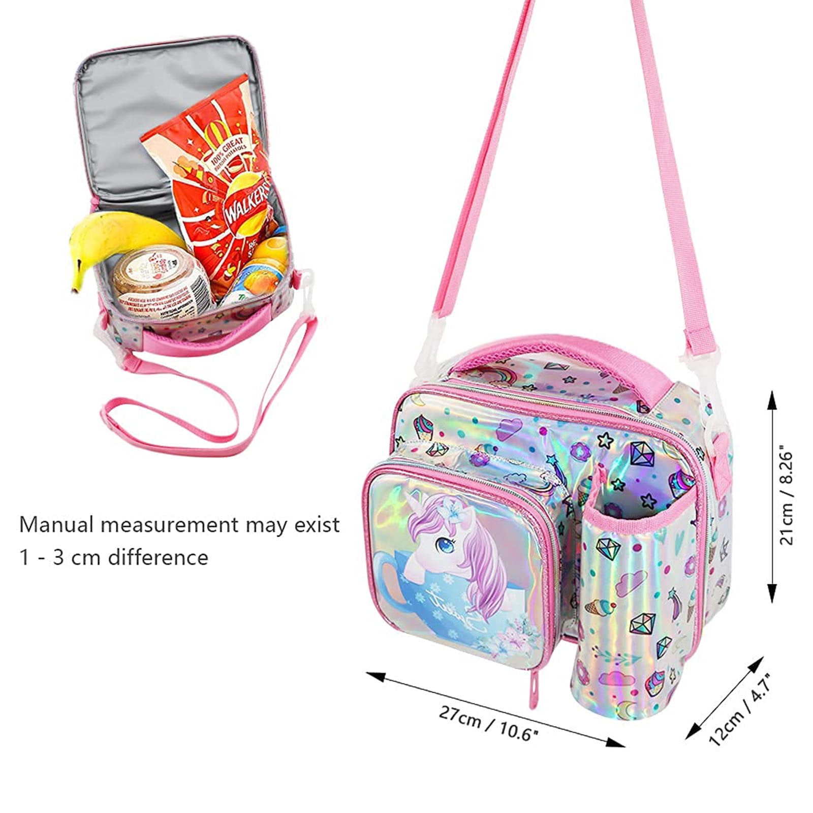 IvyH Kids Insulated Lunch Bag With Bottle Holder Adjustable Shoulder Strap Reusable Water Resistant Cartoon Lunchbag