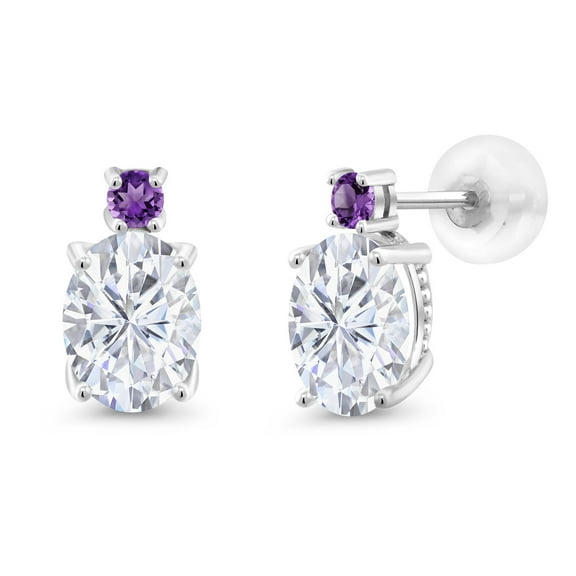 Gem Stone King 14k White Gold Moissanite and Purple Amethyst Earrings for Women (3.12Cttw, Gemstone, Oval 8X6MM, Round 2.5MM)