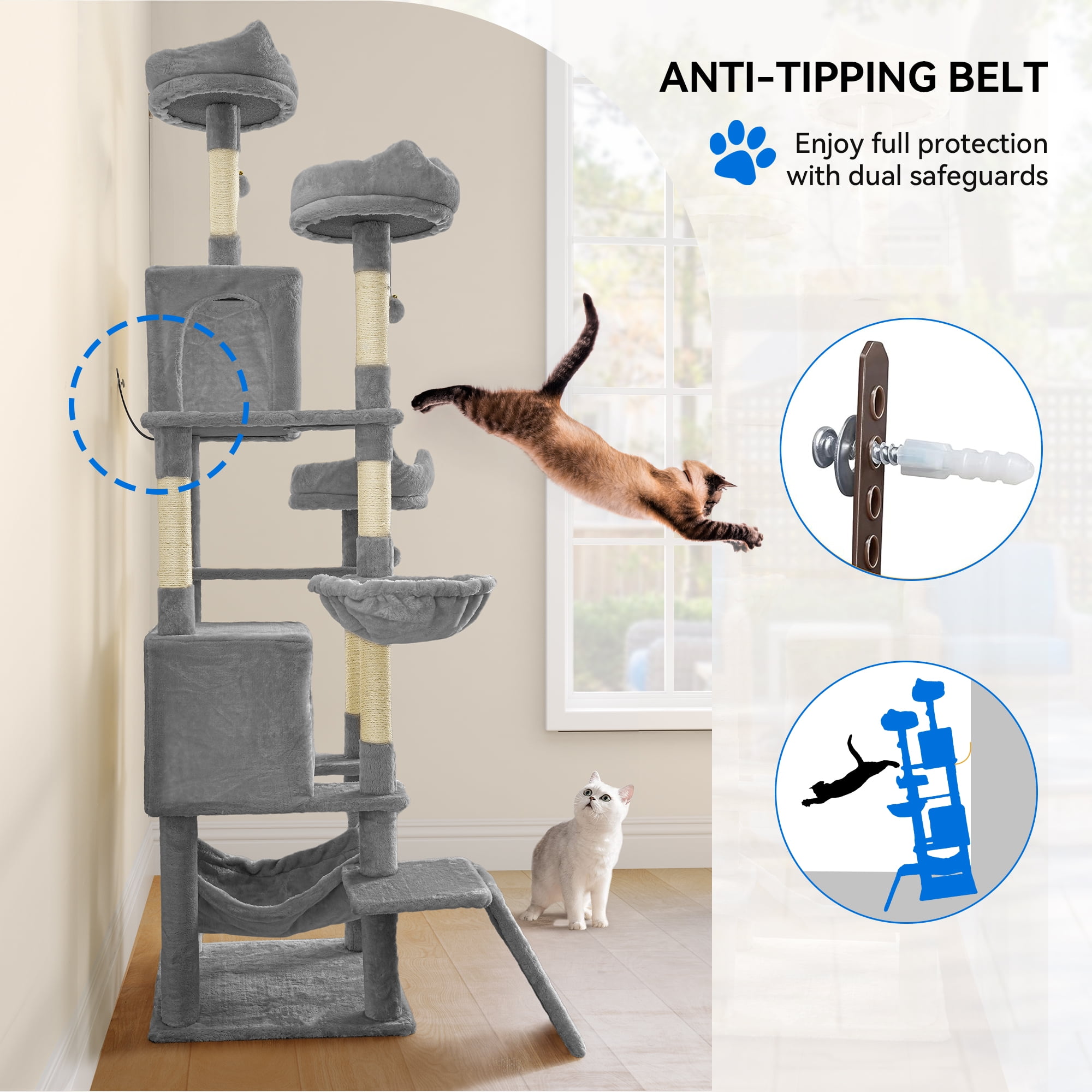 75" Multi-Level Cat Tree Tower with Cat Condos, Perches, Hammocks, Scratching Posts Board, Large Cat Activity Center,Light Grey