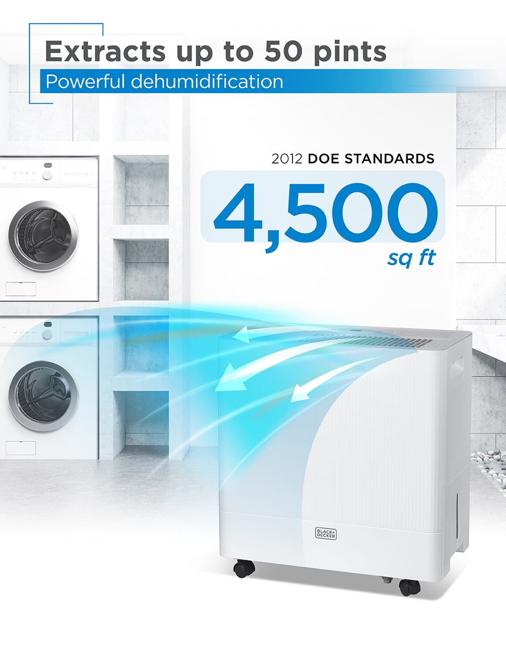 BLACK+DECKER 50-Pint Portable Dehumidifier 4500 sq. ft., ENERGY STAR Certified, BD50MWSA, White