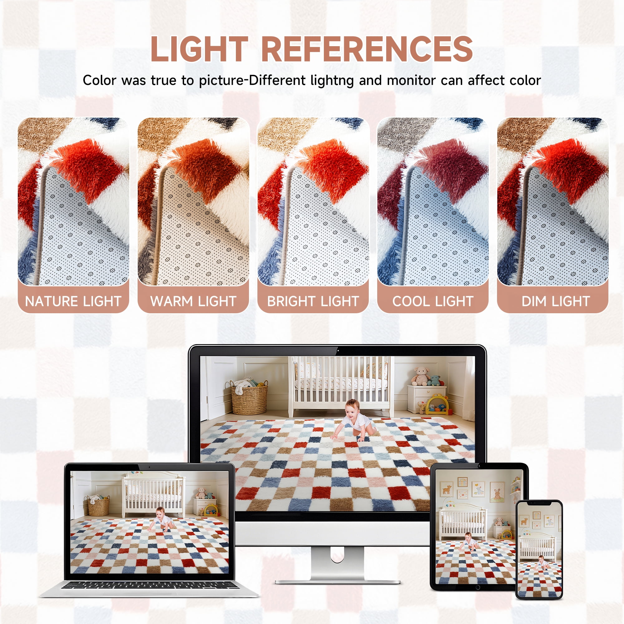 CozyDesg Shag Area Rugs, 8'x10' Soft Fluffy Floor Rugs Checkered Carpet，Washable Area Rugs for Living Room Bedroom Decor,Colorful C