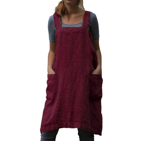 GZWYHT Cotton Linen Apron for women,Cross Back Apron Pinafore Dress For Baking Cooking Gardening Work,Red L