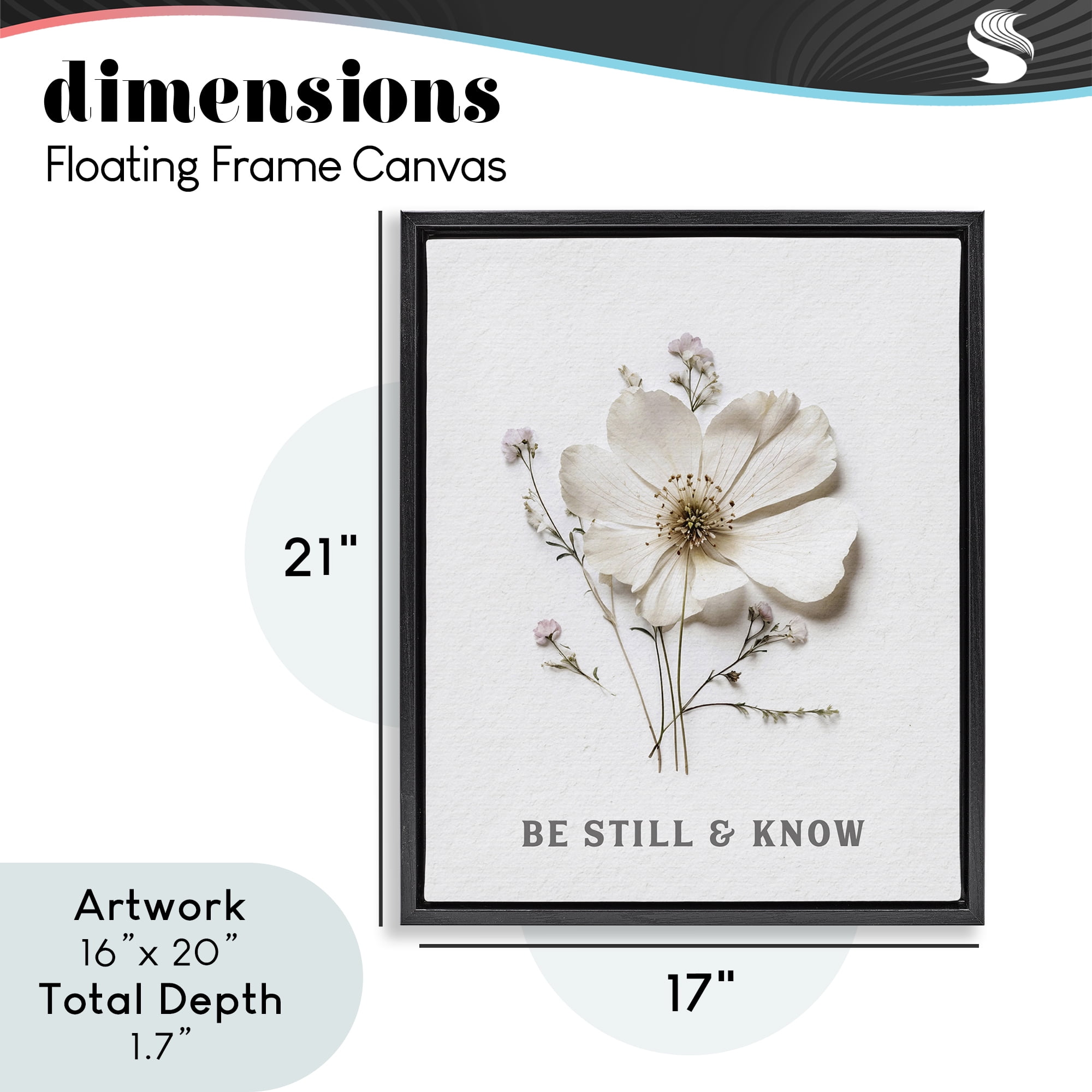 Be Still & Know Pressed Flowers Black Framed Floater Canvas Wall Art, design by Lettered and Lined