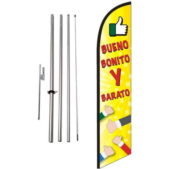 Bueno Bonita Y Barato Spanish Advertising Feather Banner Swooper Flag Sign with Flag Pole Kit and Ground Stake