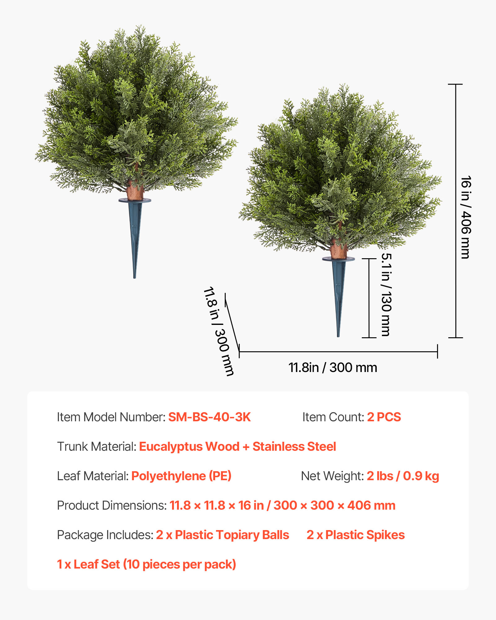 VEVOR Artificial Topiary Cypress Trees with Ground Spike, 16 inch 2 Set Faux Shrubs & Bushes Potted Plants, Fake Silk Tree Look Real for Decor Front Porch Outdoor Indoor Patio Garden Balcony Backyard