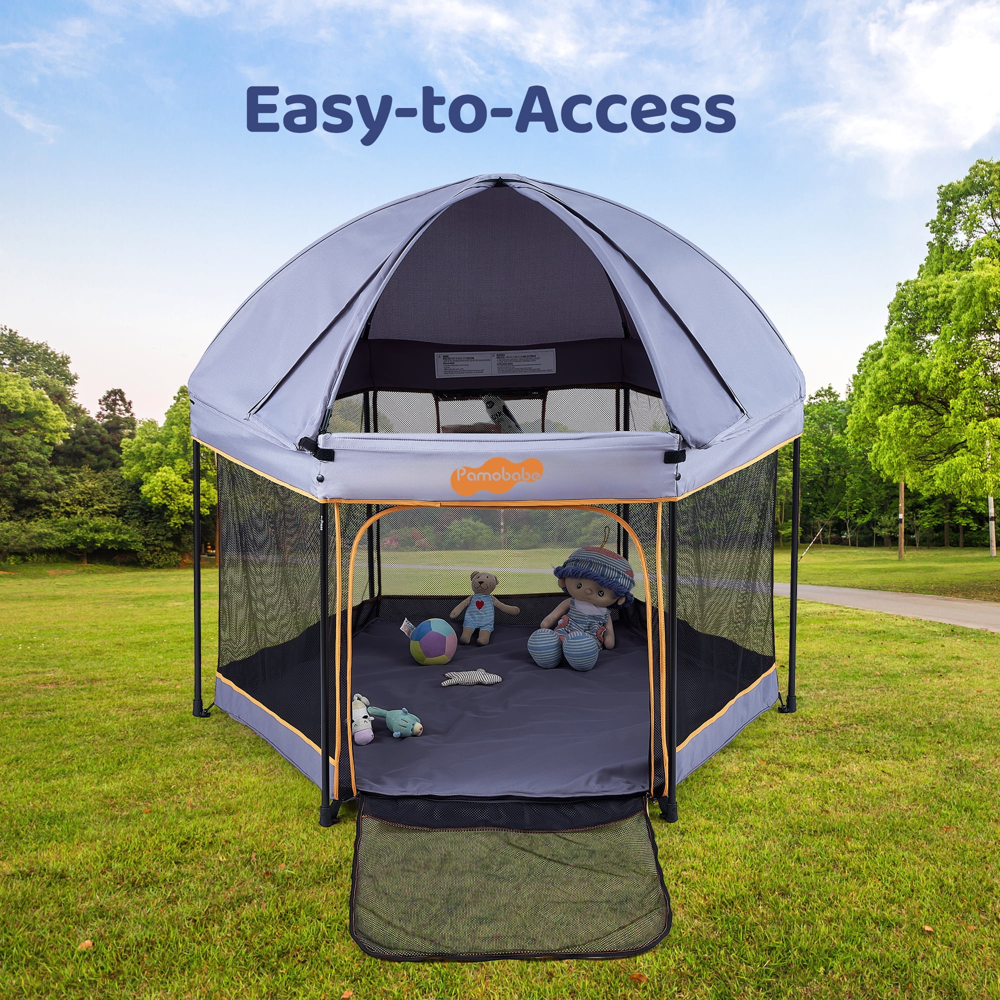 Pamo Babe Outdoor Baby Playpen, Portable, Lightweight, Toddler Playard Canopy and Travel Bag - Grey