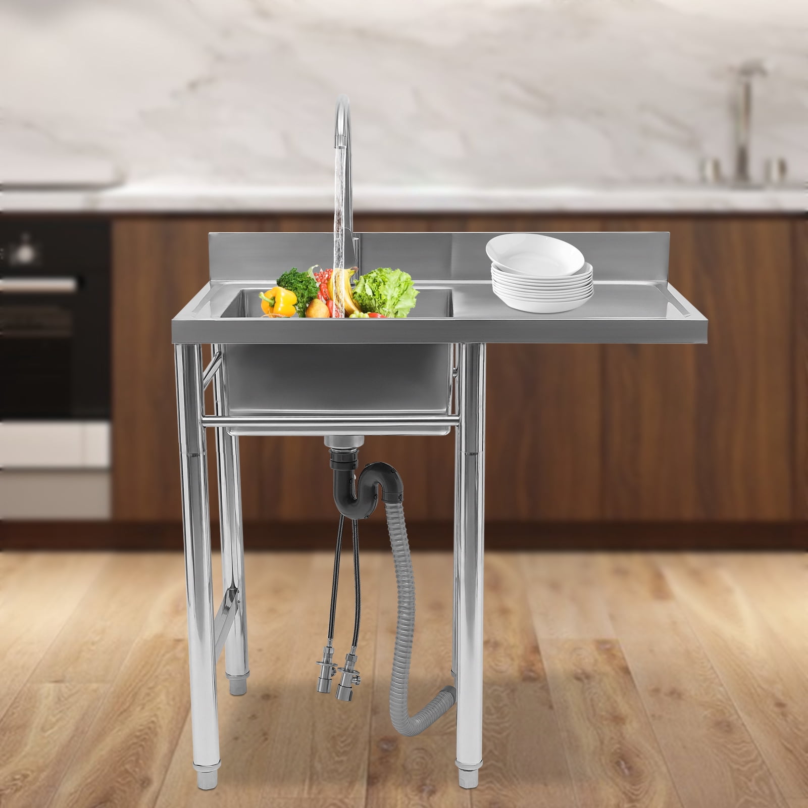 Dwellnix Freestanding Stainless Steel Sink with Drainboard, Large Deep Basin, Hot & Cold Water Faucet, and Adjustable Feet – Perfect for Kitchen & Laundry Room