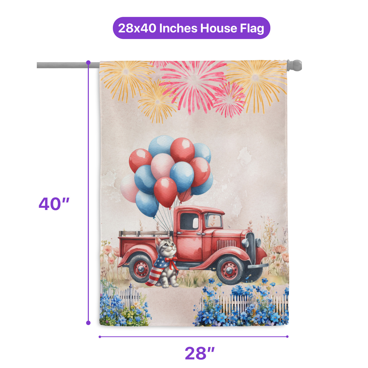Vintage Patriotic American Shorthair 4th of July Independence Memorial Day House Flag 28x40in Double Sided Cat Lover Kitten Owner Gifts Outdoor Decor - 01006