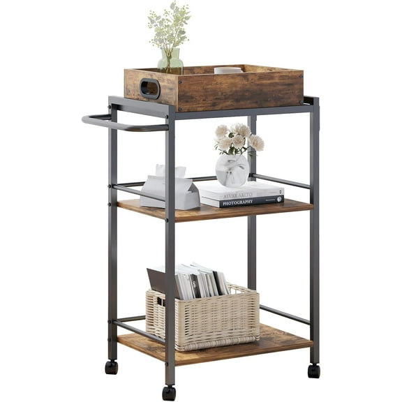 3-Tier Bar Cart for The Home, Rolling Cart with Wheels and Handle, 3-Tier Serving Cart with Removable Tray, Kitchen Carts on Wheels with Storage