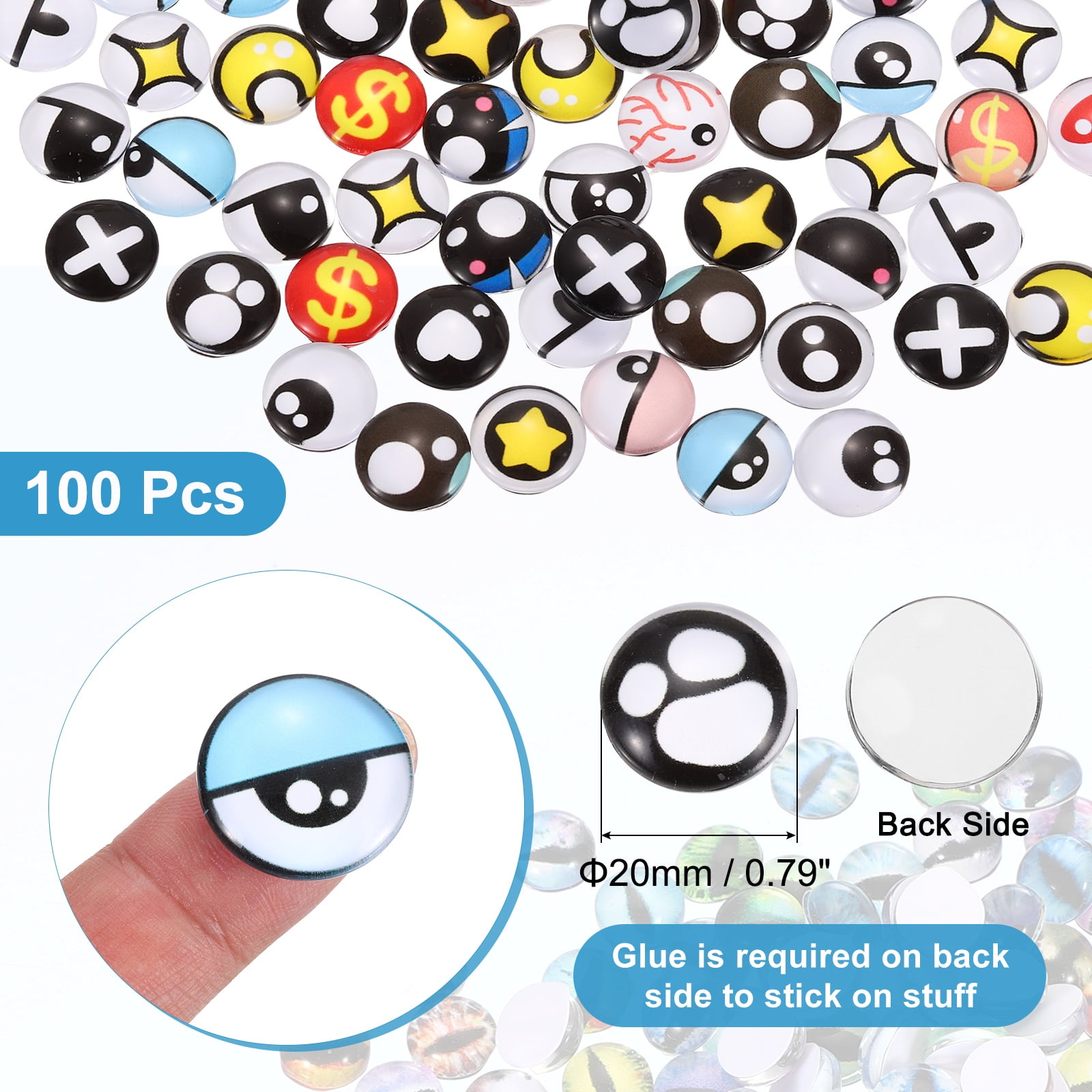 Uxcell 100 Pcs Glass Safety Eyes, 20mm Cabochon Crochet Safety Kawaii Doll Craft Eye for Clay Crochet Animals Handicrafts DIY Jewelry Projects, Blue/Black/White/Yellow/Red (215#)