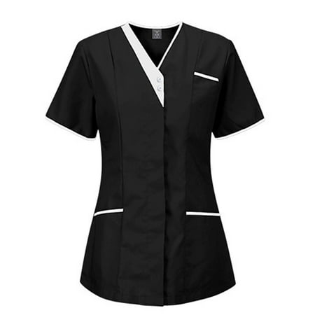 

Solid Color Working Uniform Lady Women Casual Short Sleeve V Neck Working T shirts Top Pocket Pure Color Blouse Scrubs Uniform Nurses