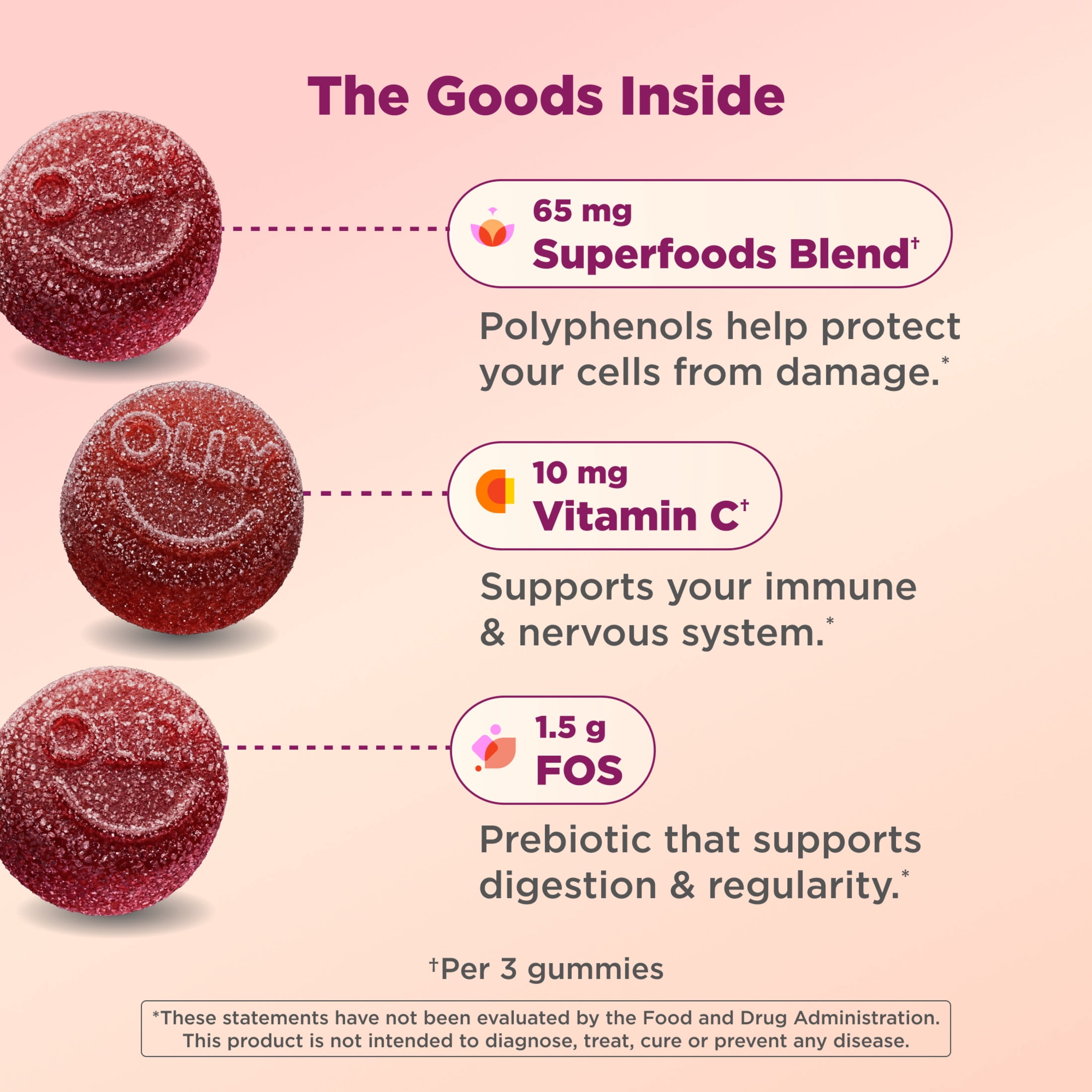 OLLY Supergood Superfoods Gummy Supplement, 15 Superfoods, Prebiotics, Vitamin C, Tropical Bliss Flavor, 60 Ct