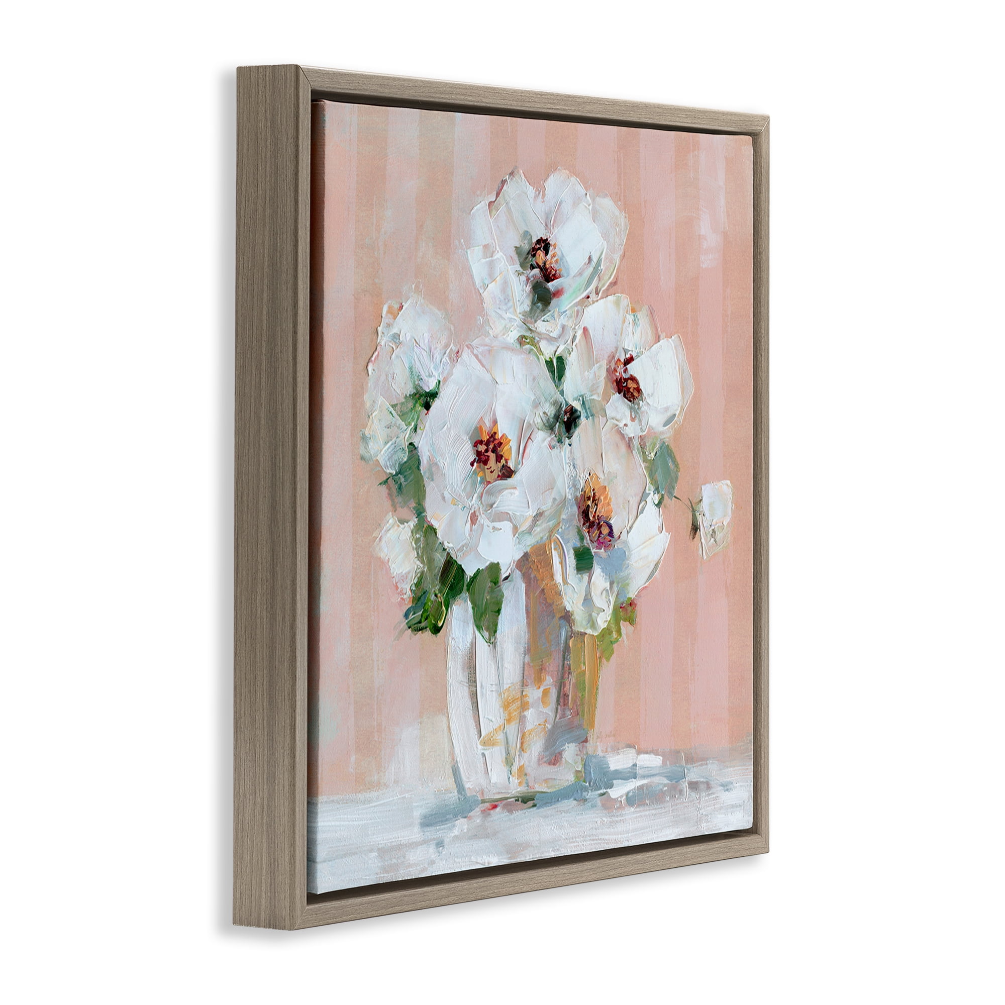 Stupell Industries White Poppies on Pink Botanical & Floral Painting Brown Floater Framed Art Print Wall Art, 18 x 18