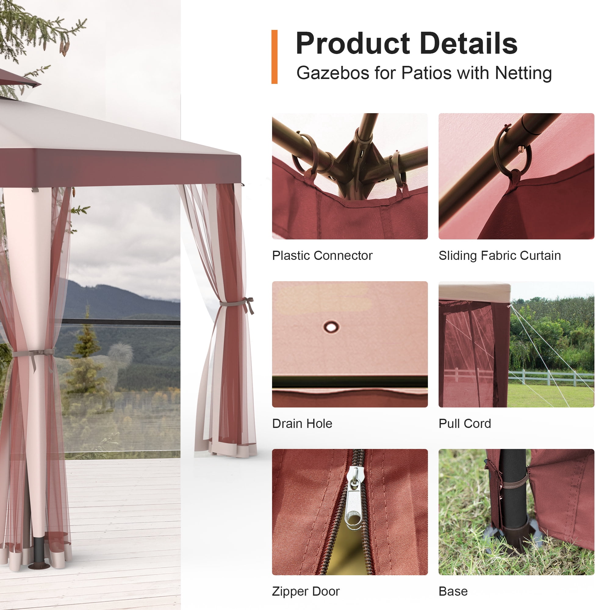 10'x10' Patio Gazebo Tent Mesh Netting Outdoor Canopy Shelter For Garden,Red
