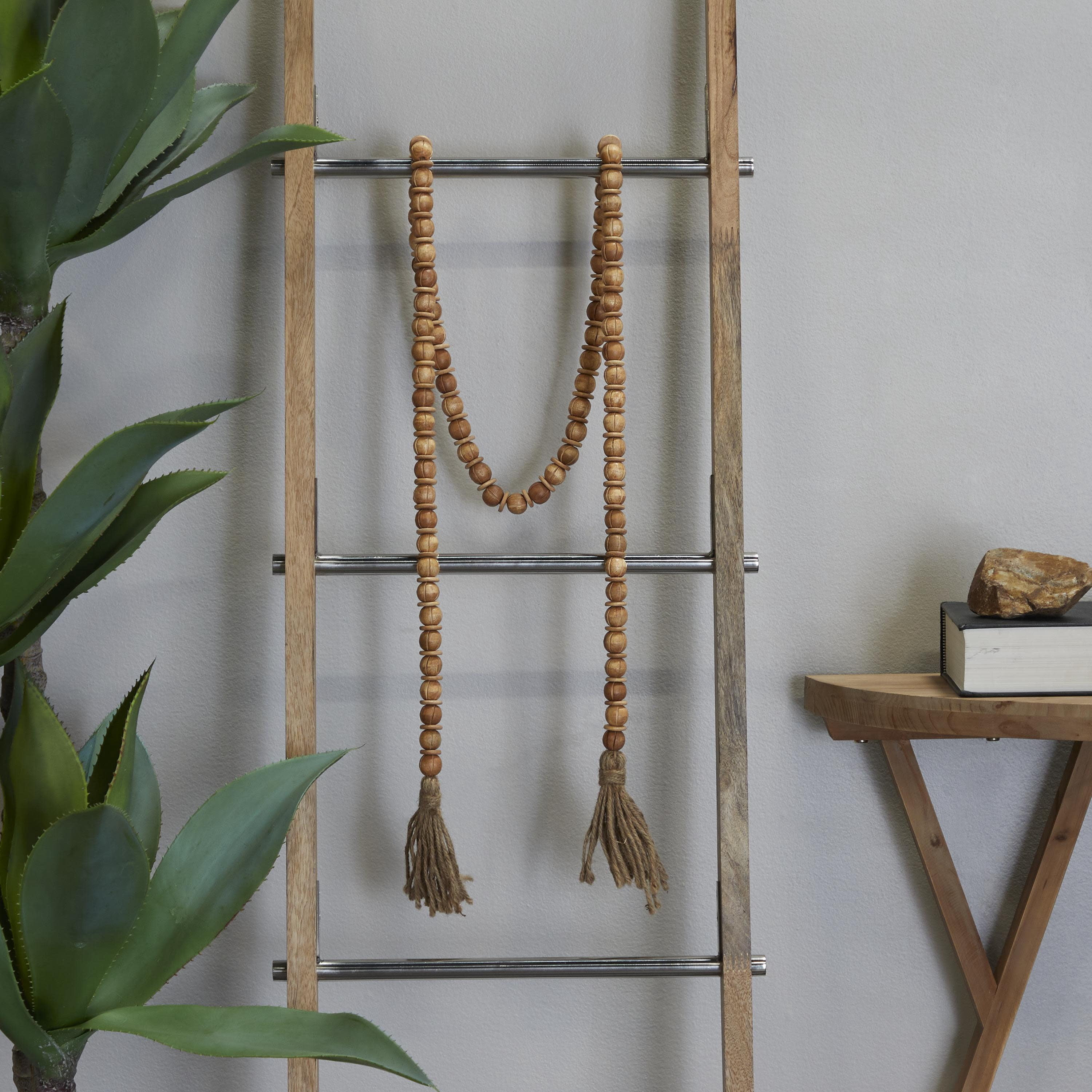DecMode Handmade Round Long Carved Beaded Brown Mango Wood Garland with Tassel