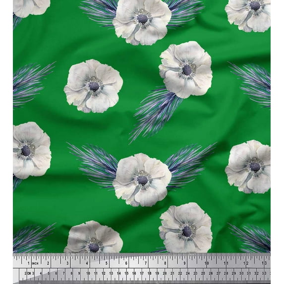Soimoi Green Cotton Duck Fabric Palm Leaves & Anemone Floral Print Fabric by Yard 56 Inch Wide